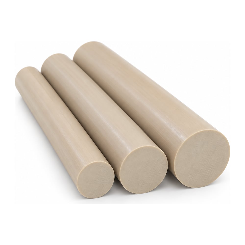 Natural tan glass-filled PEEK plastic round rods in three diameters, matte finish, on white background