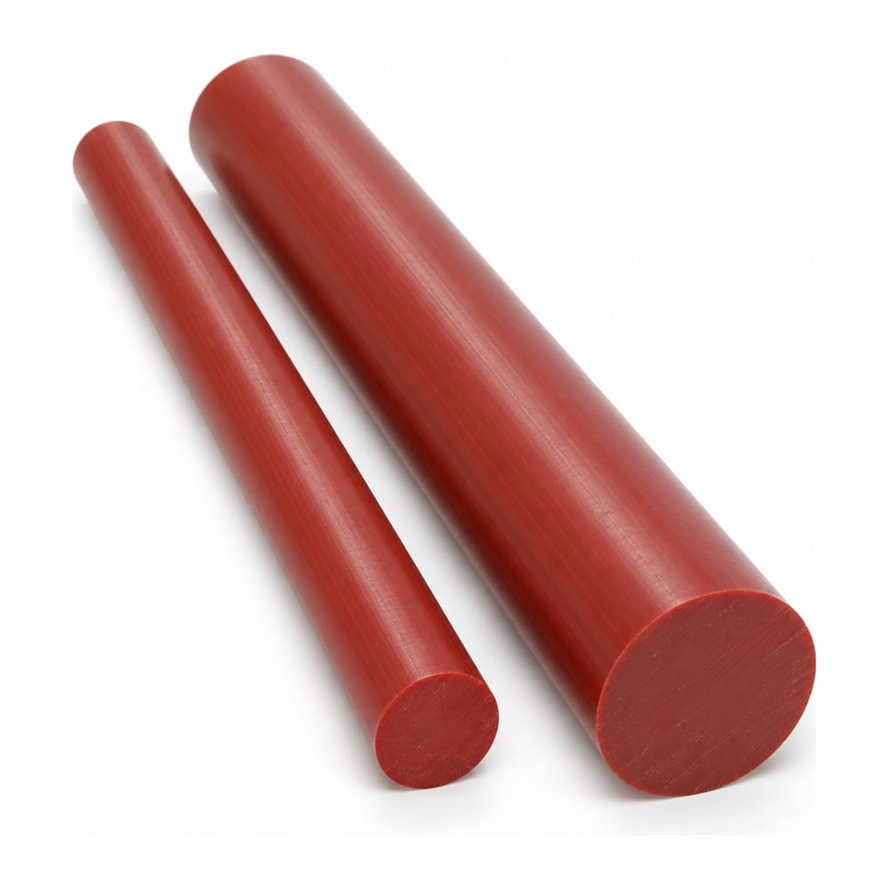 Red PEEK plastic round rods in two diameters with cut ends facing forward on white background