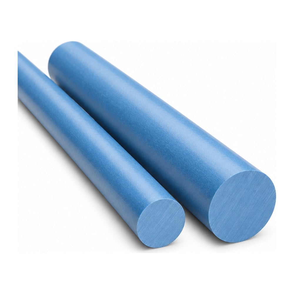 Blue PEEK plastic round rods in two diameters with cut ends facing forward on white background