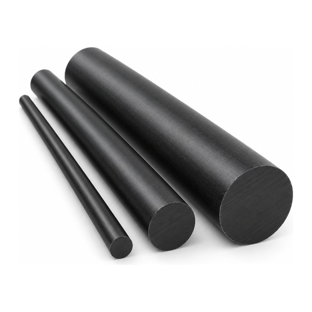 Black carbon-filled PEEK plastic round rods in three diameters with cut ends facing forward