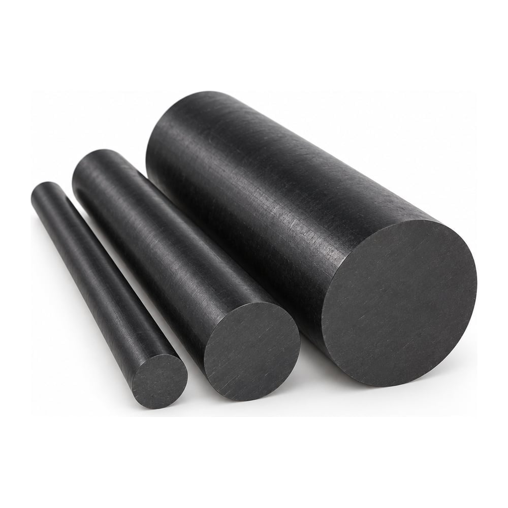 Black PEEK plastic round rods in three diameters standing side by side on a white background