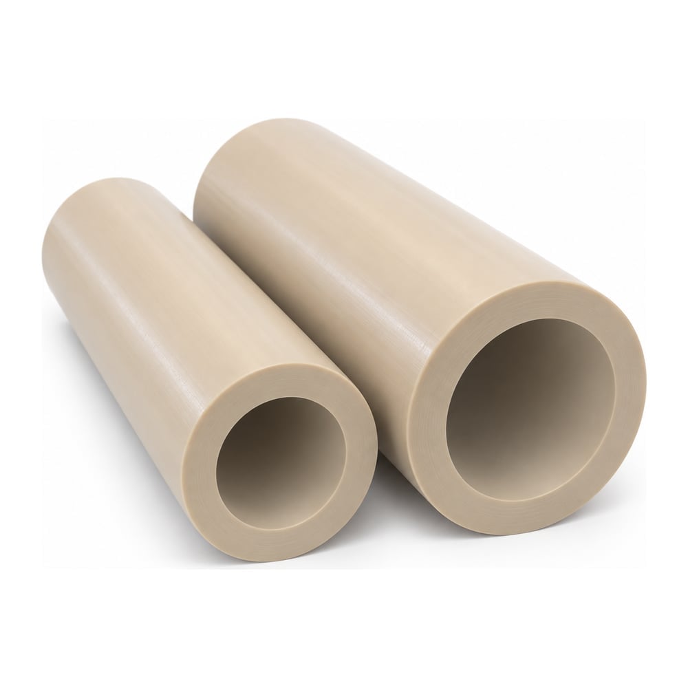 Natural tan PEEK plastic tubes in two outside diameters standing side by side on white background