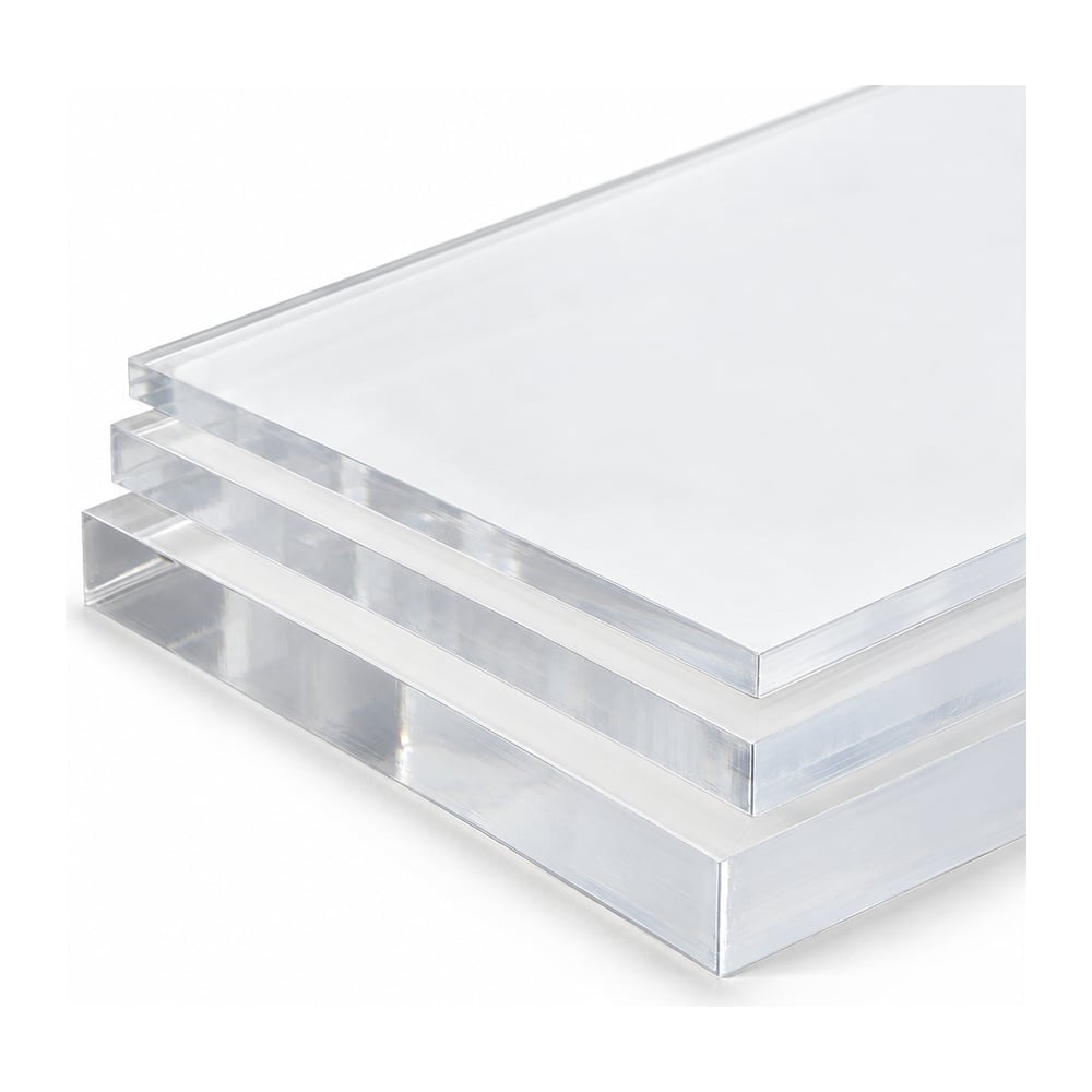 Clear abrasion resistant polycarbonate sheets in three thicknesses, film masked, stacked on white background