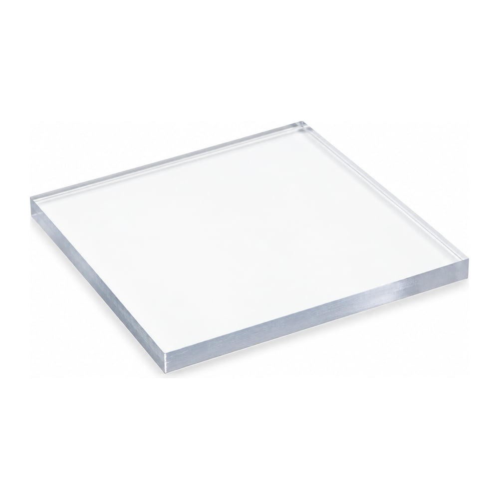 Clear polycarbonate sheet with glossy surface, cut edge and protective masking peeled at one corner