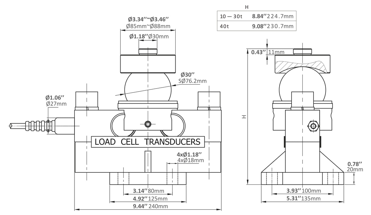 Berman BLCQ-40t Double-Ended Beam Load Cell dimensions drawing