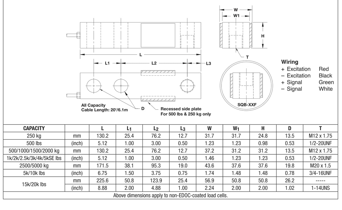 Celtron SQB-1Klb 00SQB-001E-A5-02F Shear Beam Load Cell dimensions drawing