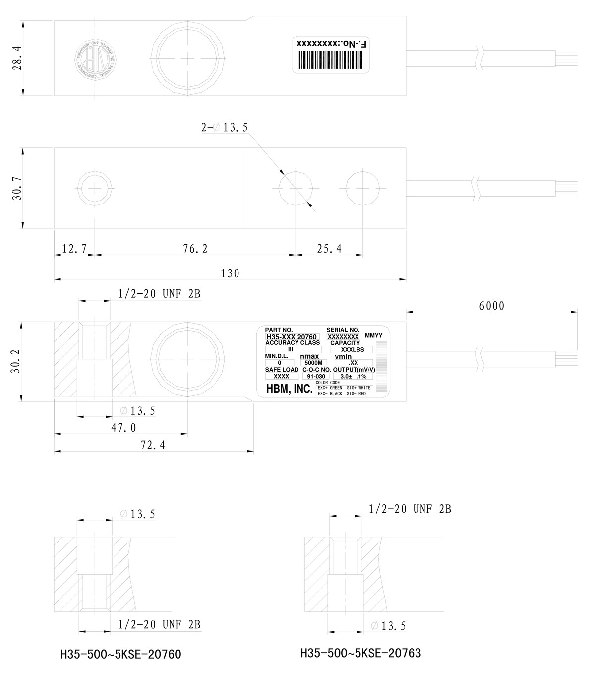 HBM H35 Hermetically Sealed Shear Beam Load Cell dimensions drawing