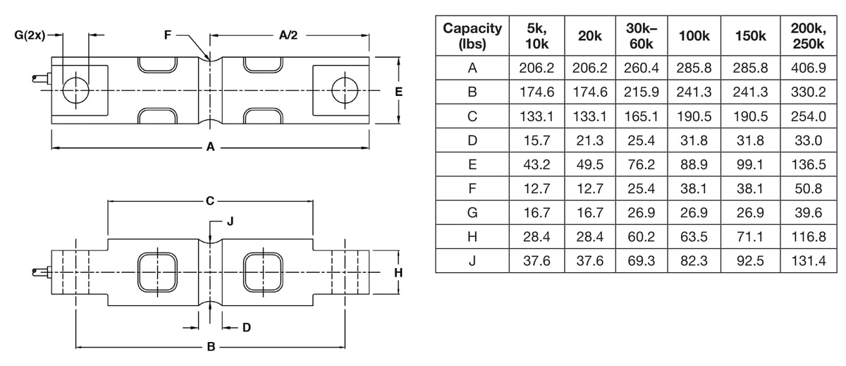 Revere 5103-200,000lb Double-Ended Beam Load Cell dimensions drawing