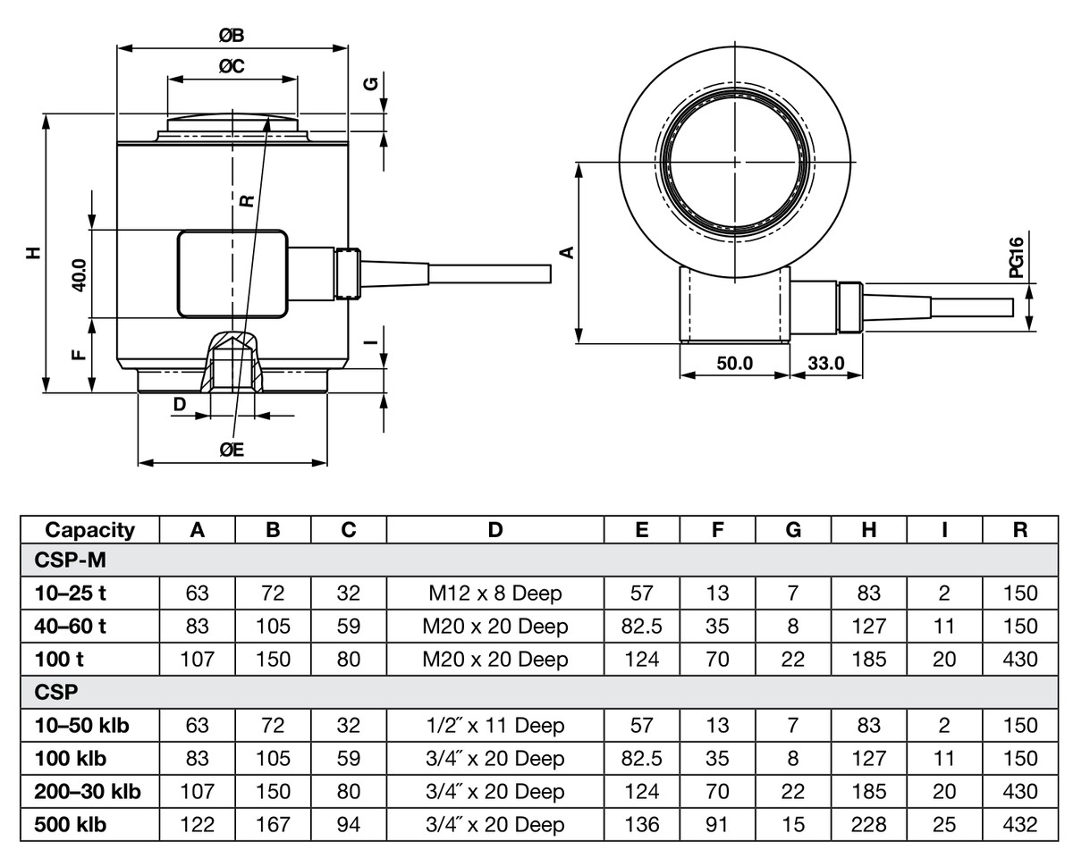 Revere CSP-60t 00CSP-060T-4C-01X Compression Load Cell dimensions drawing