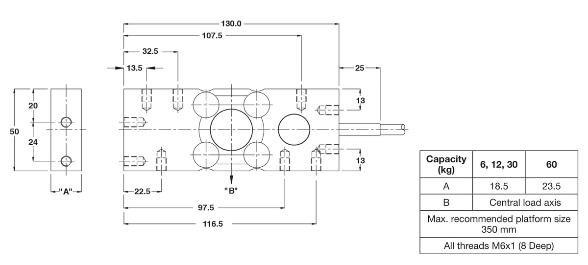 Revere HPS-100lb 00HPS-100L-3S-01F Single Point Load Cell dimensions drawing