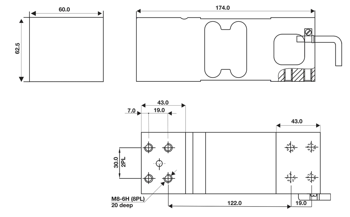Tedea-Huntleigh 1263-500kg 01263-500K-C3-00X Single Point Load Cell dimensions drawing