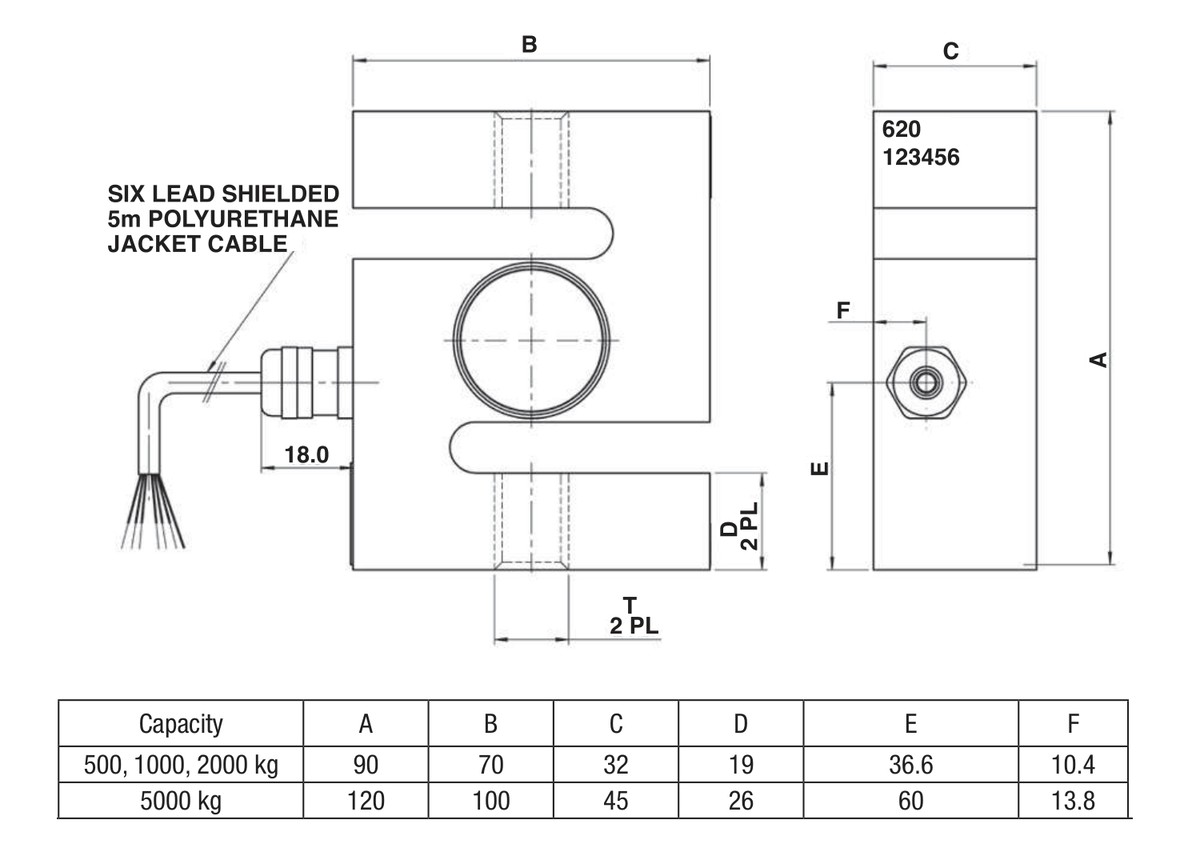 Tedea-Huntleigh 00620-002T-C3-00X 2,000 kg S-Type Tension/Compression Load Cell dimensions drawing
