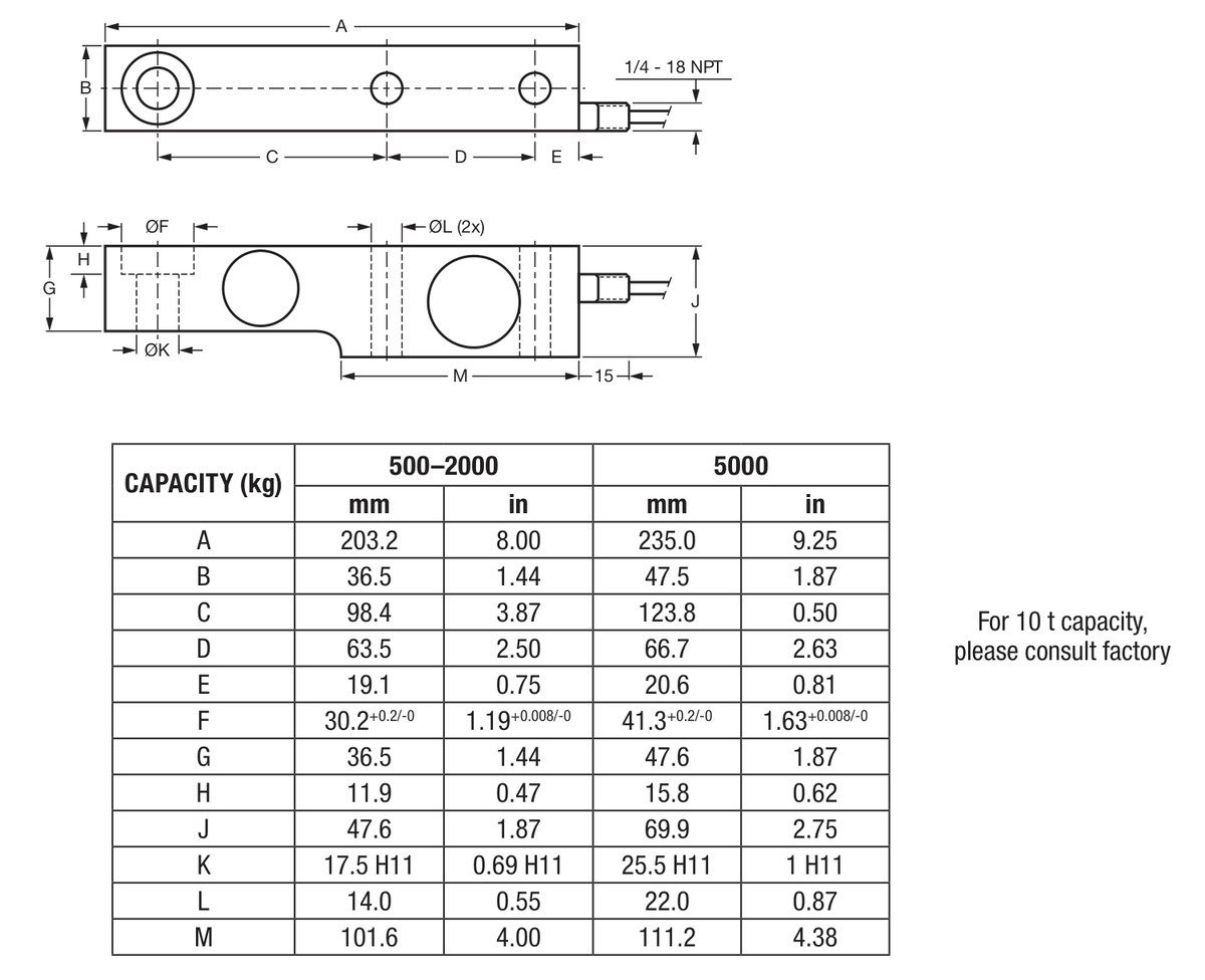 Revere SSB-5Klb 00SSB-005E-B1-00F Shear Beam Load Cell dimensions drawing