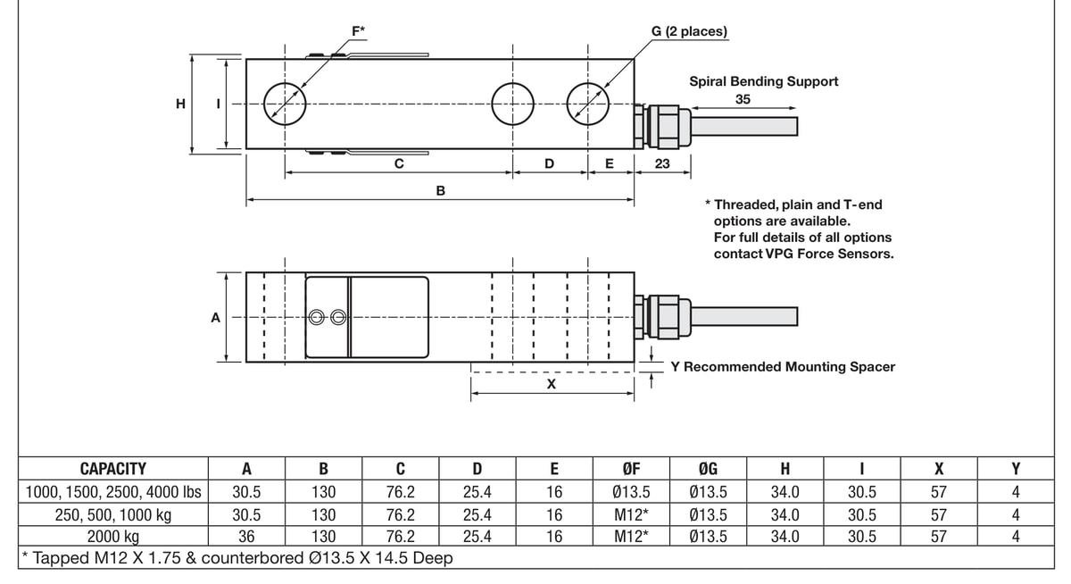 Tedea-Huntleigh 3410-2t 03410-002T-G5-04X Shear Beam Load Cell dimensions drawing