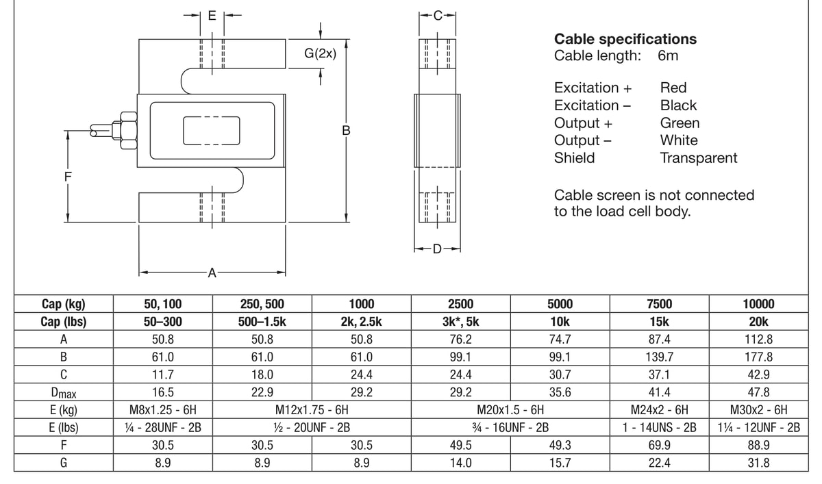 Revere 363-750 750 lb S-Type Tension/Compression Load Cell dimensions drawing