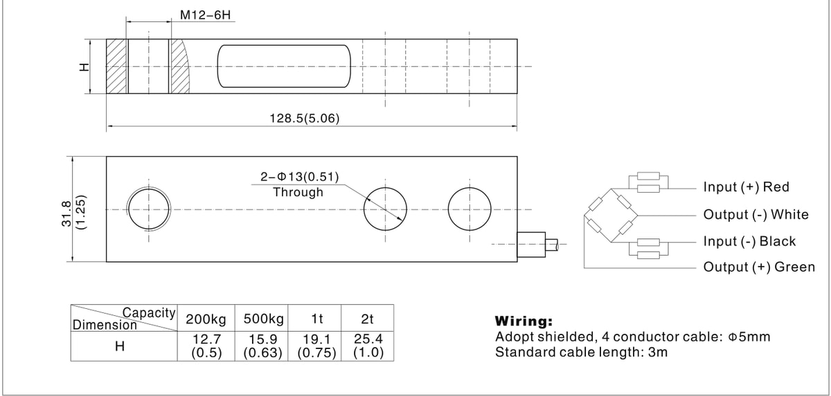 Zemic B8Q 500 kg Shear Beam Load Cell (B8Q-C3-500Kg-4B) outline dimensions drawing