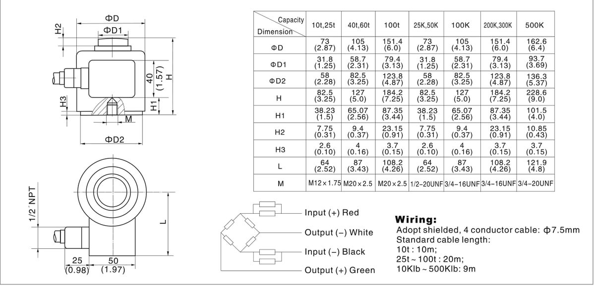 Zemic BM14A 40 t Compression Load Cell (BM14A-C3-40t-20B-SC) outline dimensions drawing