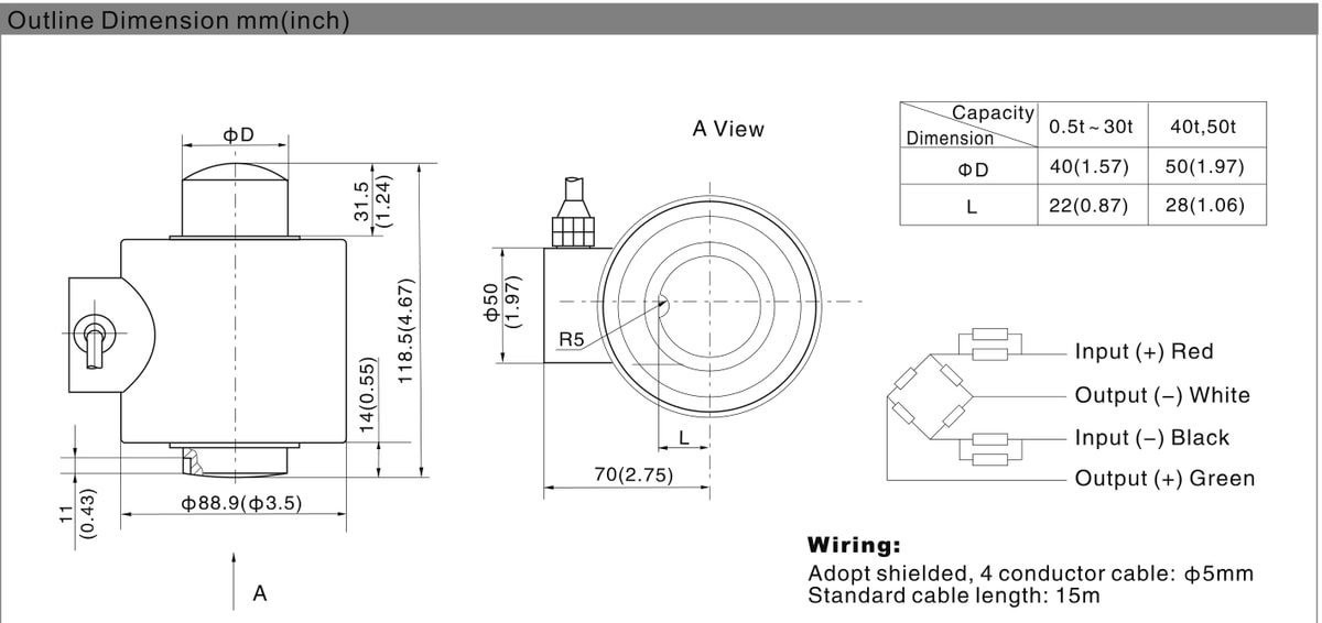 Zemic BM14C 40 t Compression Load Cell (BM14C-C3-40t-15B6) outline dimensions drawing