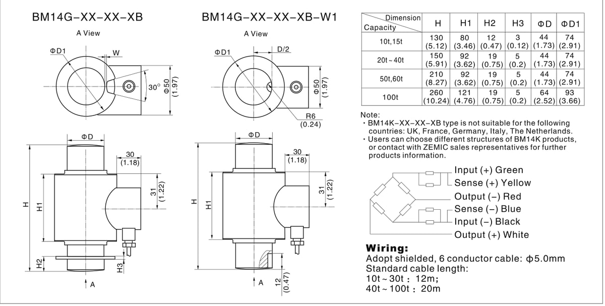 Zemic BM14K 20 t Compression Load Cell (BM14K-C3-20t-12B6) outline dimensions drawing