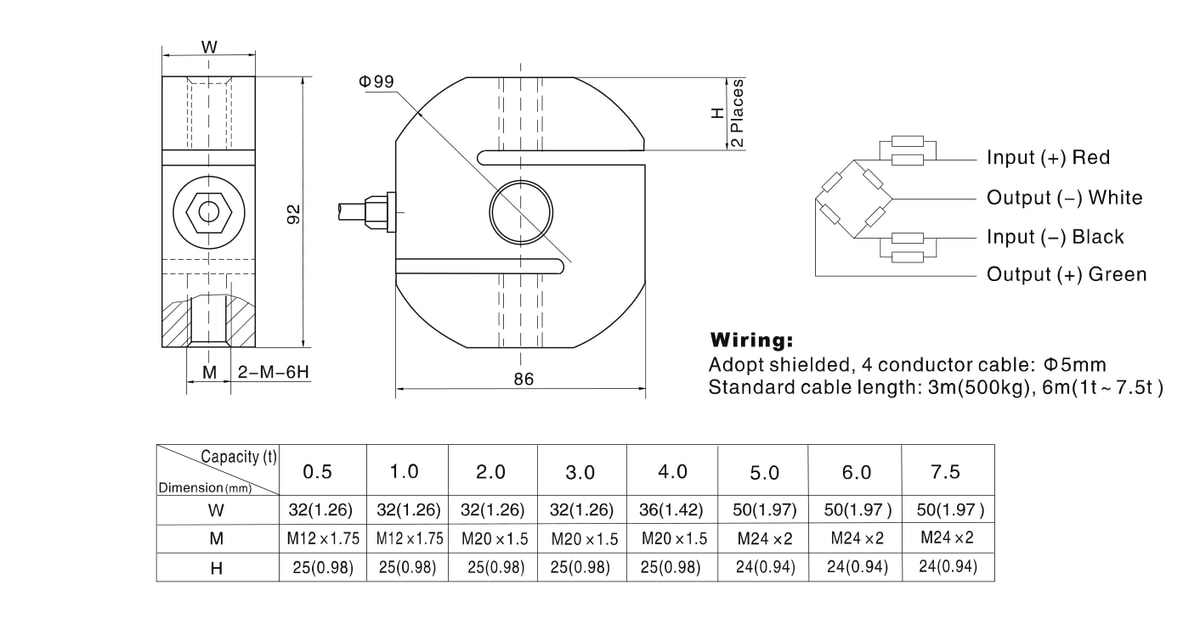 Zemic BM3 3 t S-Type Load Cell (BM3-C3-3.0t-6B) outline dimensions drawing