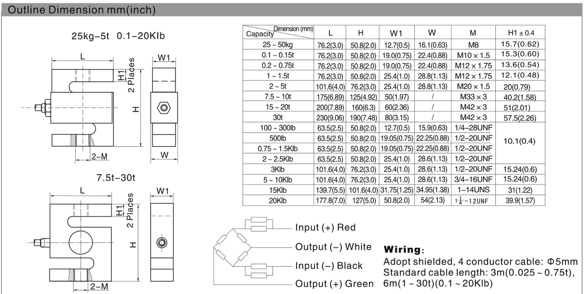 Zemic H3 2500 lb S-Type Load Cell (H3-N10-2.5K-6YB) outline dimensions drawing