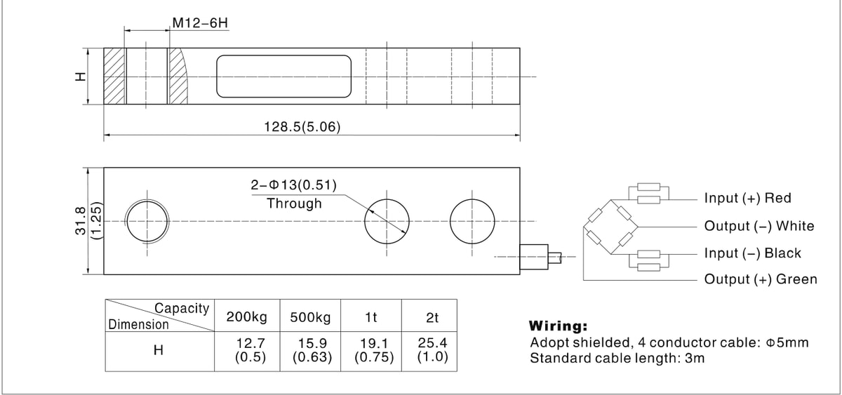 Zemic H8Q 1 t Shear Beam Load Cell (H8Q-C3-1t-4B) outline dimensions drawing