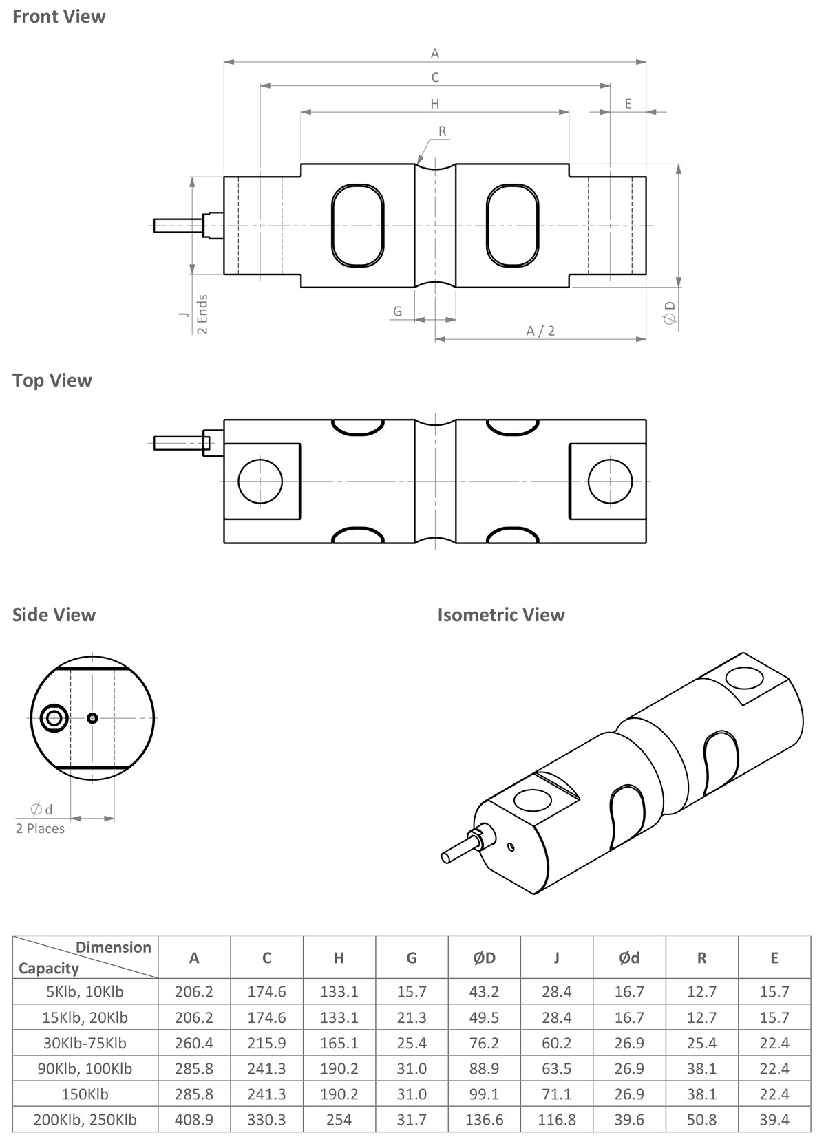 Zemic H9C-10000lb H9C-N3-10K-9.3B Double-Ended Beam Load Cell dimensions drawing