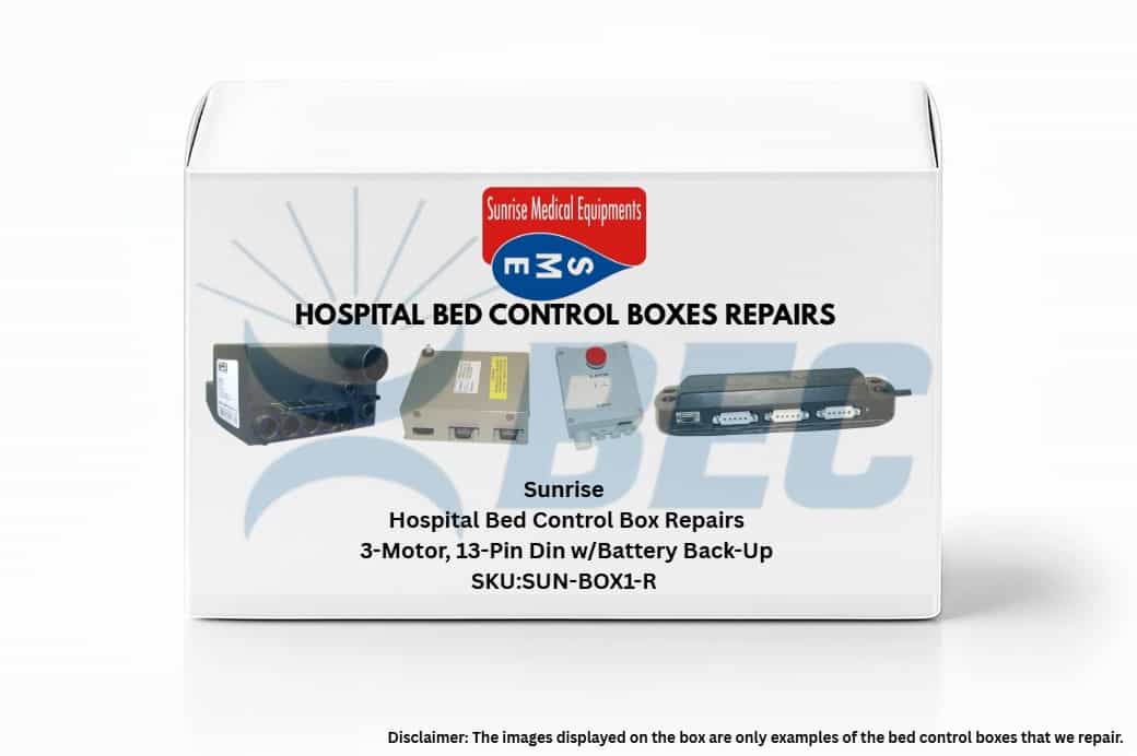 Specialized Sunrise hospital bed control box repair for 3‑motor 13‑pin DIN systems with battery back‑up ensuring compliance and safety