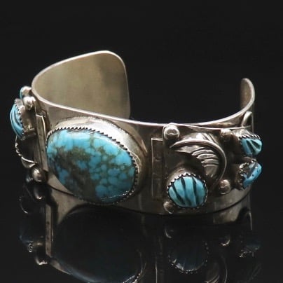 Toh-atin Gallery Durango Colorado Navajo Bracelet with Turquoise and Silver Sterling Leaf