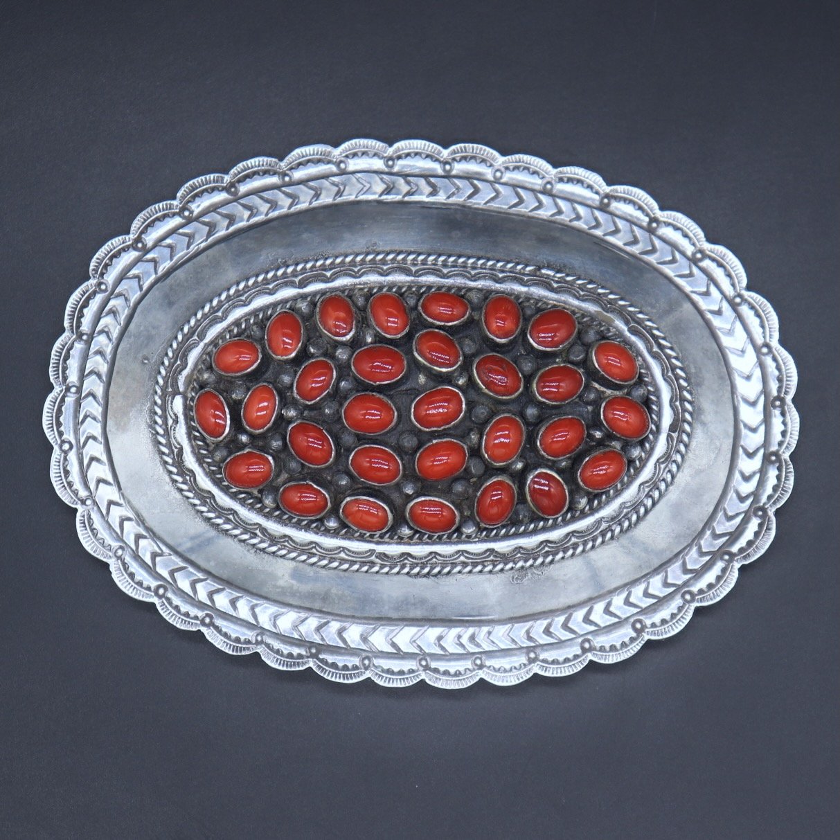 Toh-atin Gallery Durango Colorado Navajo Buckle with Coral and Sterling Silver by Ethel Martinez