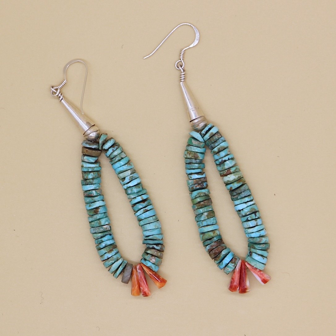 Toh-atin Gallery Durango Colorado Santo Domingo Earrings with Turquoise and Red Spiney Oyster Shell by Ray Lovato