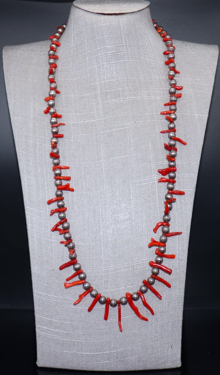 Toh-atin Gallery Durango Colorado Necklace with Handmade Silver Beads and Coral Dated 1960s