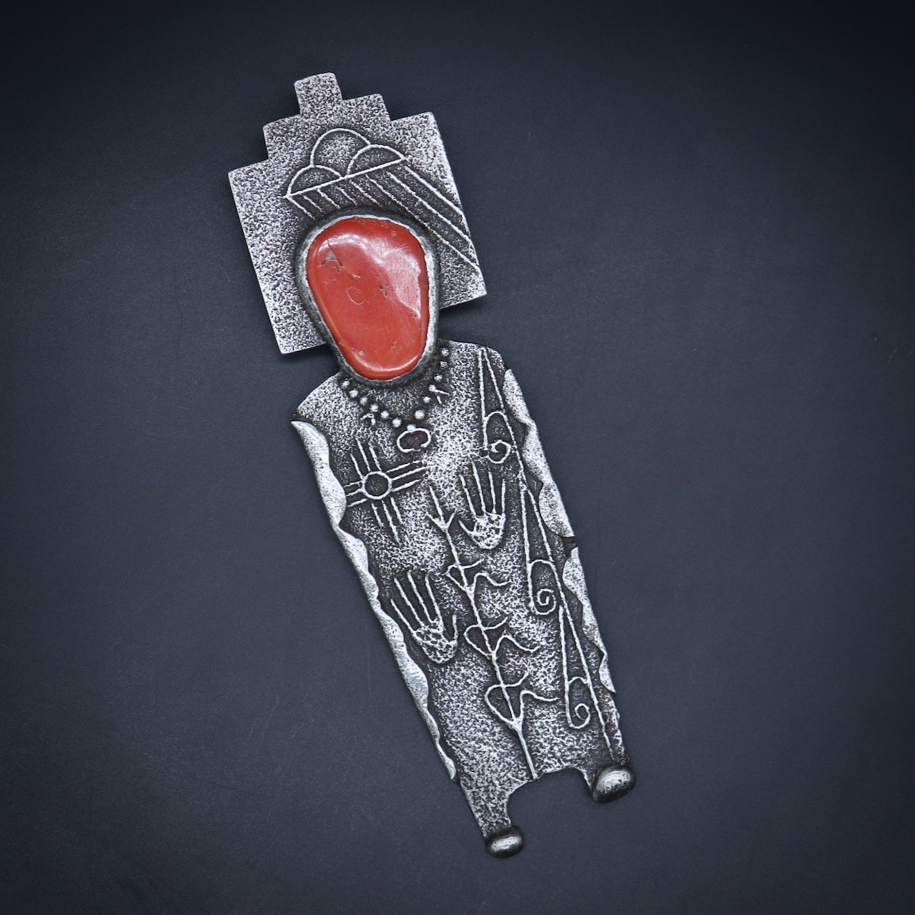 Toh-atin Gallery Durango Colorado Santo Domingo Pendant with Silver Sandcast and Coral by Anthony Sandcast