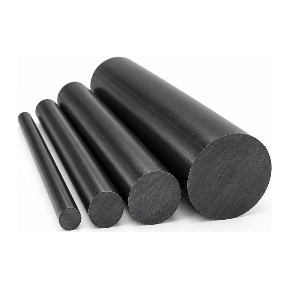 Black ABS plastic round rods in three diameters with cut ends facing forward on white background