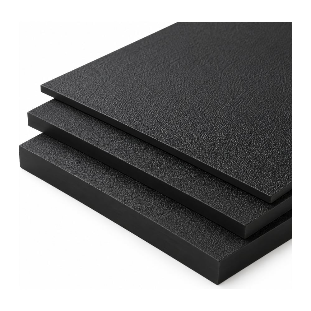 Black haircell textured ABS plastic sheets stacked in five thicknesses on a white background