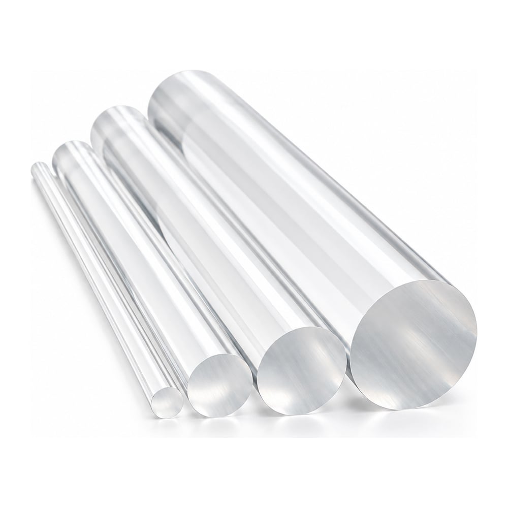 Clear cast acrylic round rods in five diameters lined up on a white background