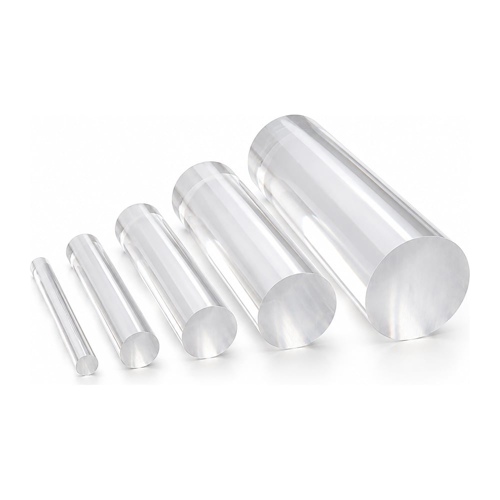 Clear extruded acrylic round rods in five diameters standing side by side on a white background
