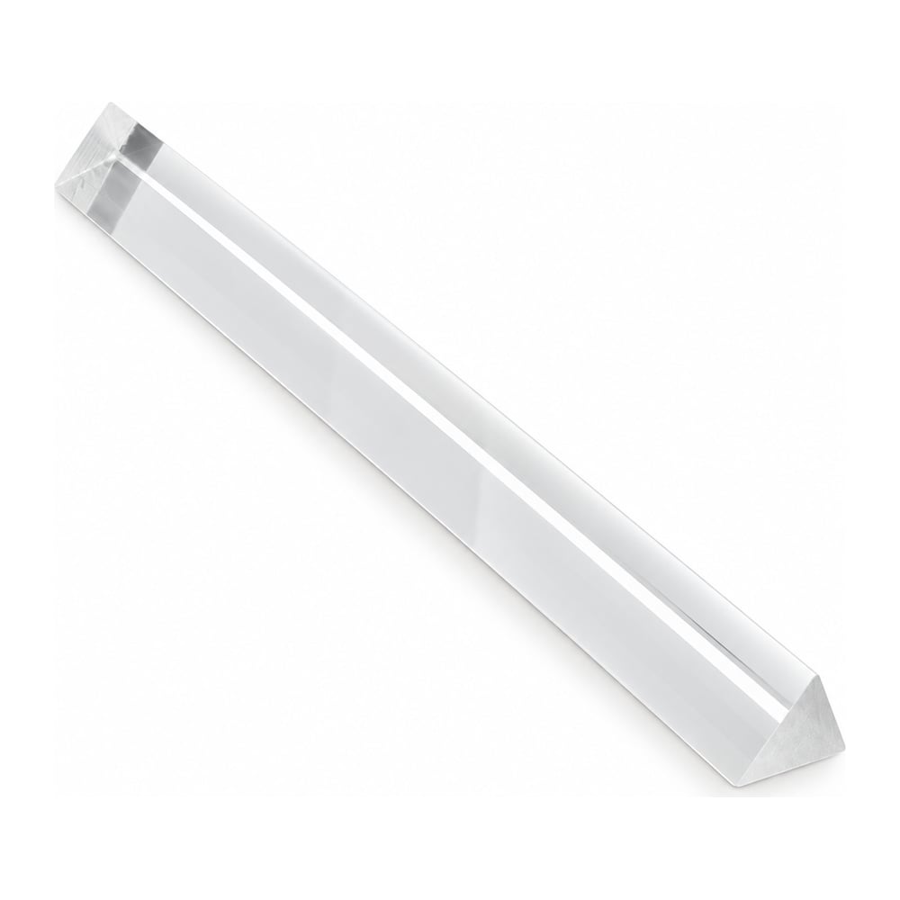 Clear extruded acrylic triangular rod with glossy transparent faces on a white background