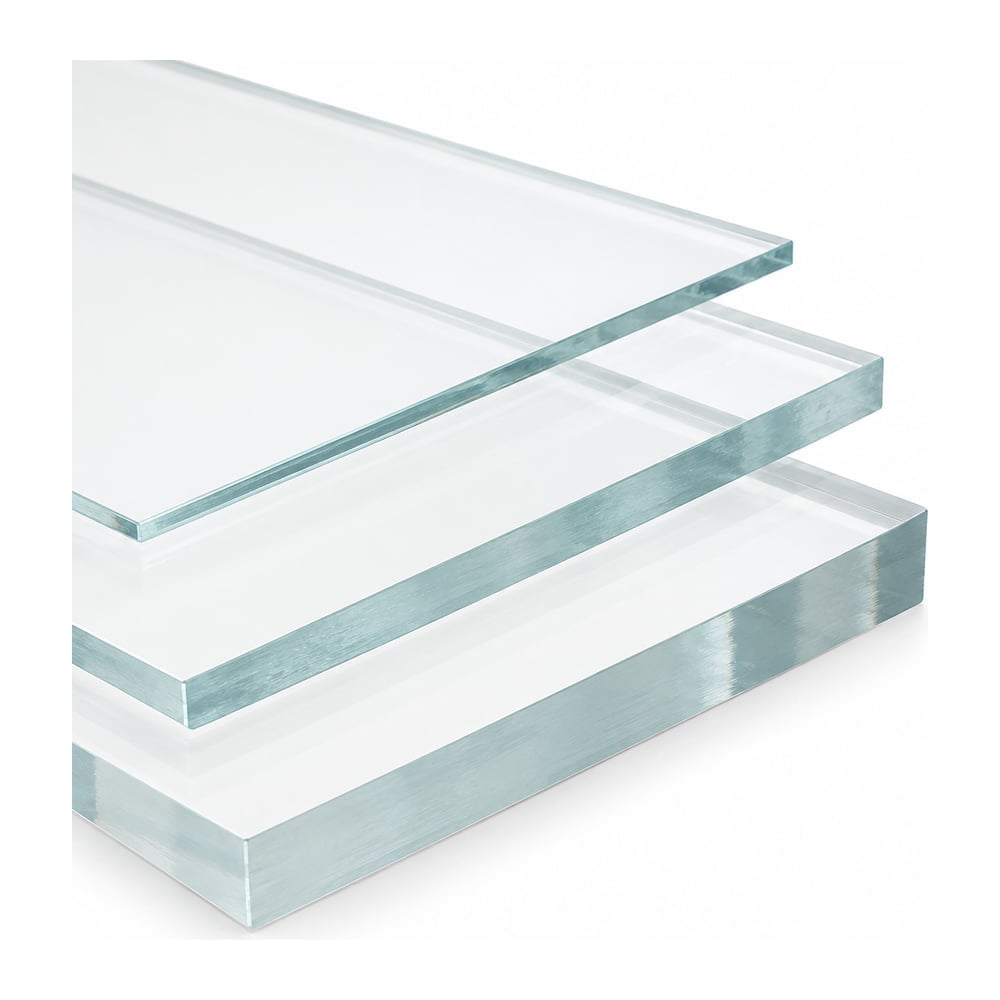 Clear acrylic sheets in five thicknesses stacked in a step on a white background