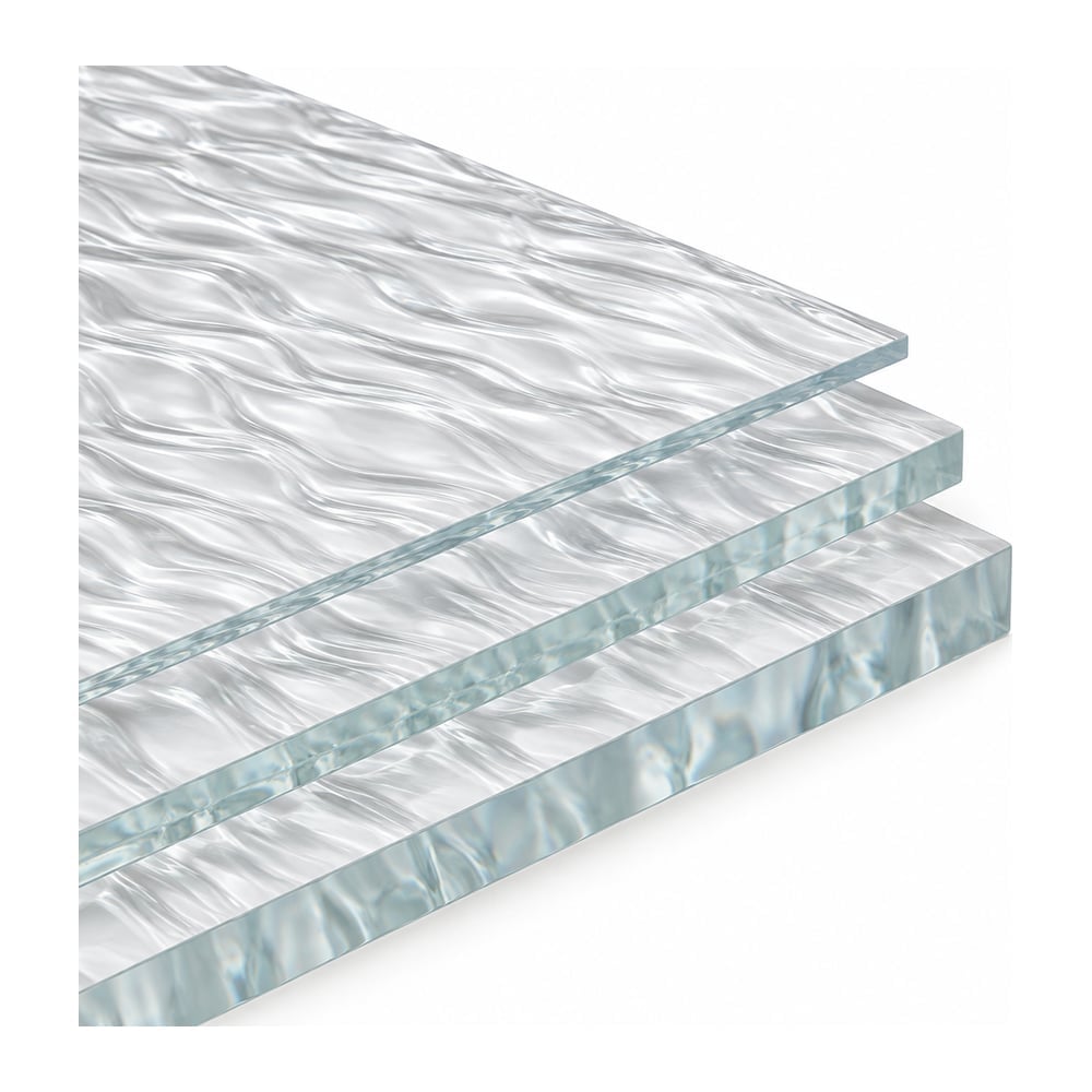 Clear acrylic sheets with rippled wave texture on one face, shown in three thicknesses on white