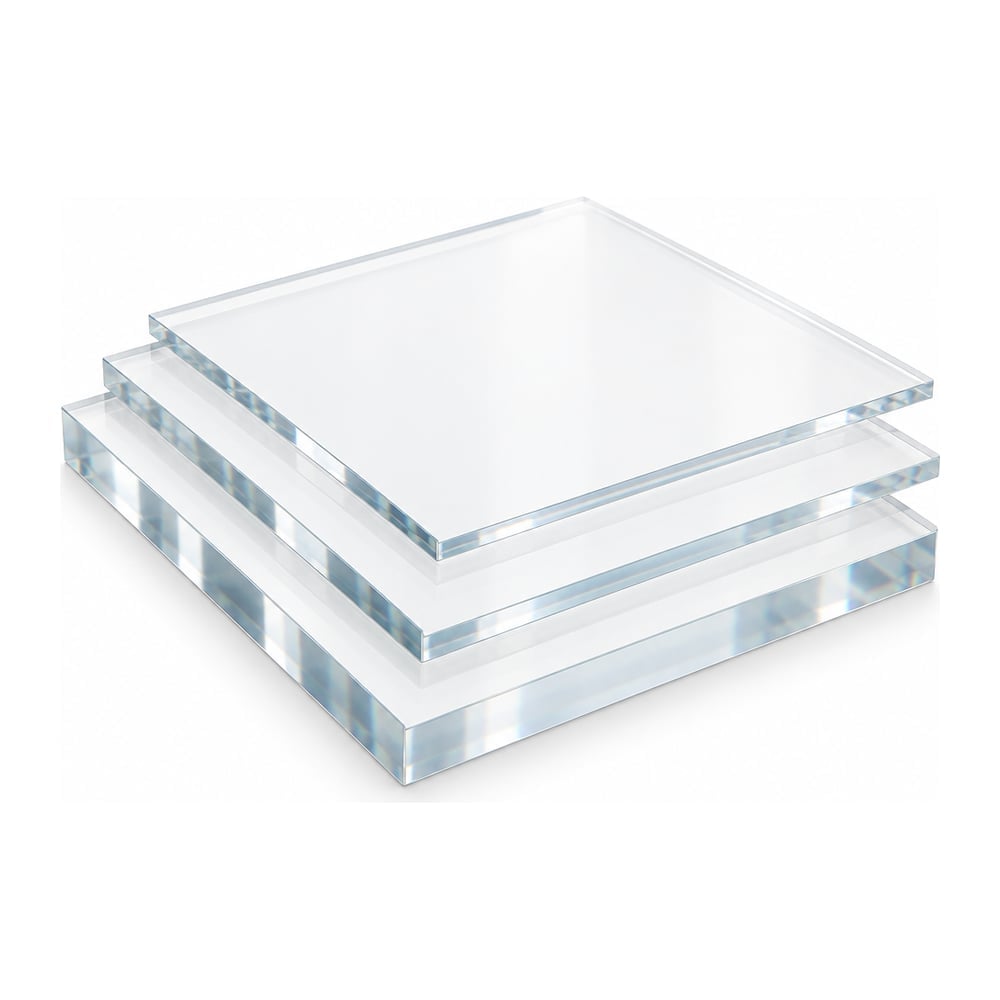 Clear UV filtering acrylic sheets stacked in three thicknesses with polished edges on white background