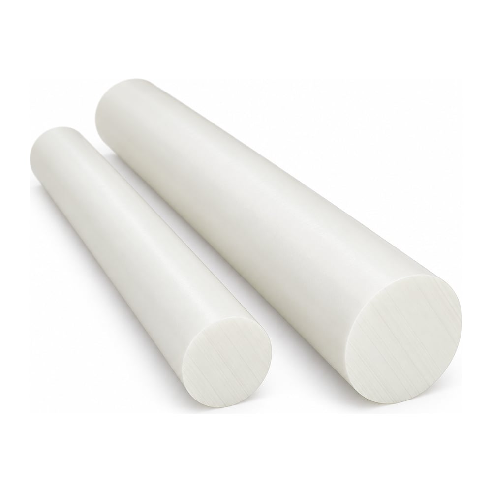 Natural white HDPE plastic round rods in two diameters with cut ends, on a white background