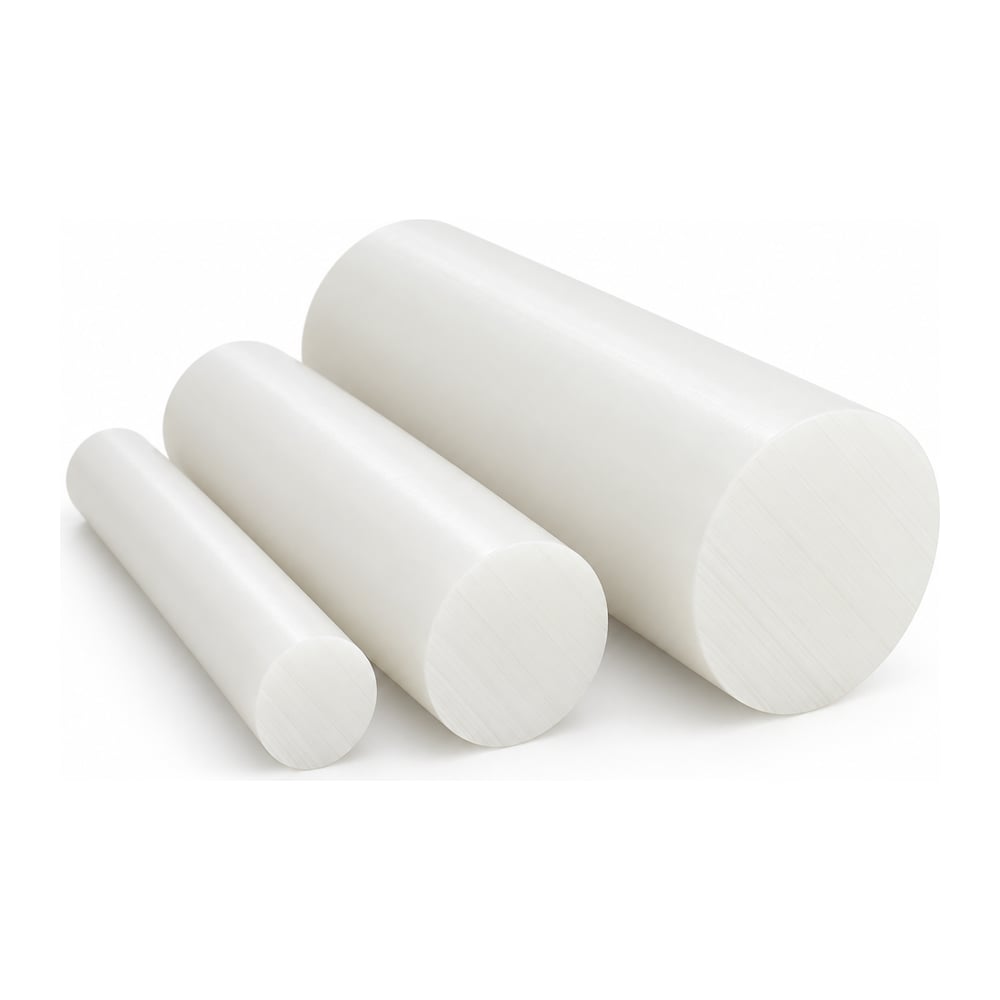 Natural white HDPE plastic round rods in three diameters with cut ends facing camera on white background