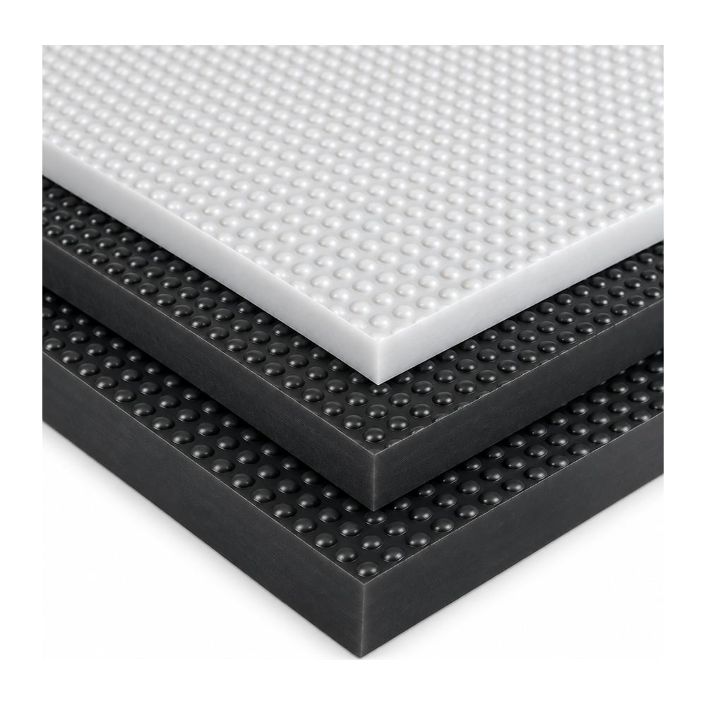 Red HDPE anti-skid textured plastic sheets stacked in three thicknesses on white background