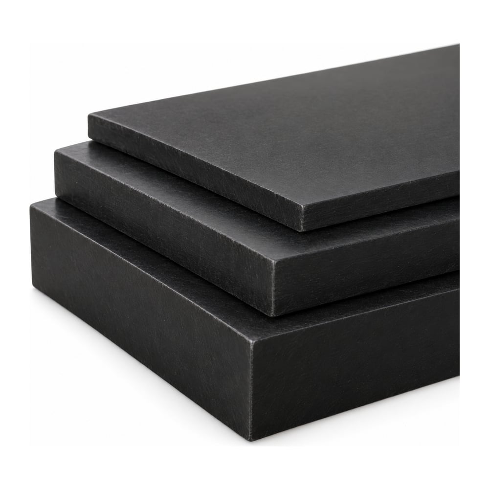Black HDPE pipe grade sheet pieces stacked in three thicknesses showing cut edges on white background