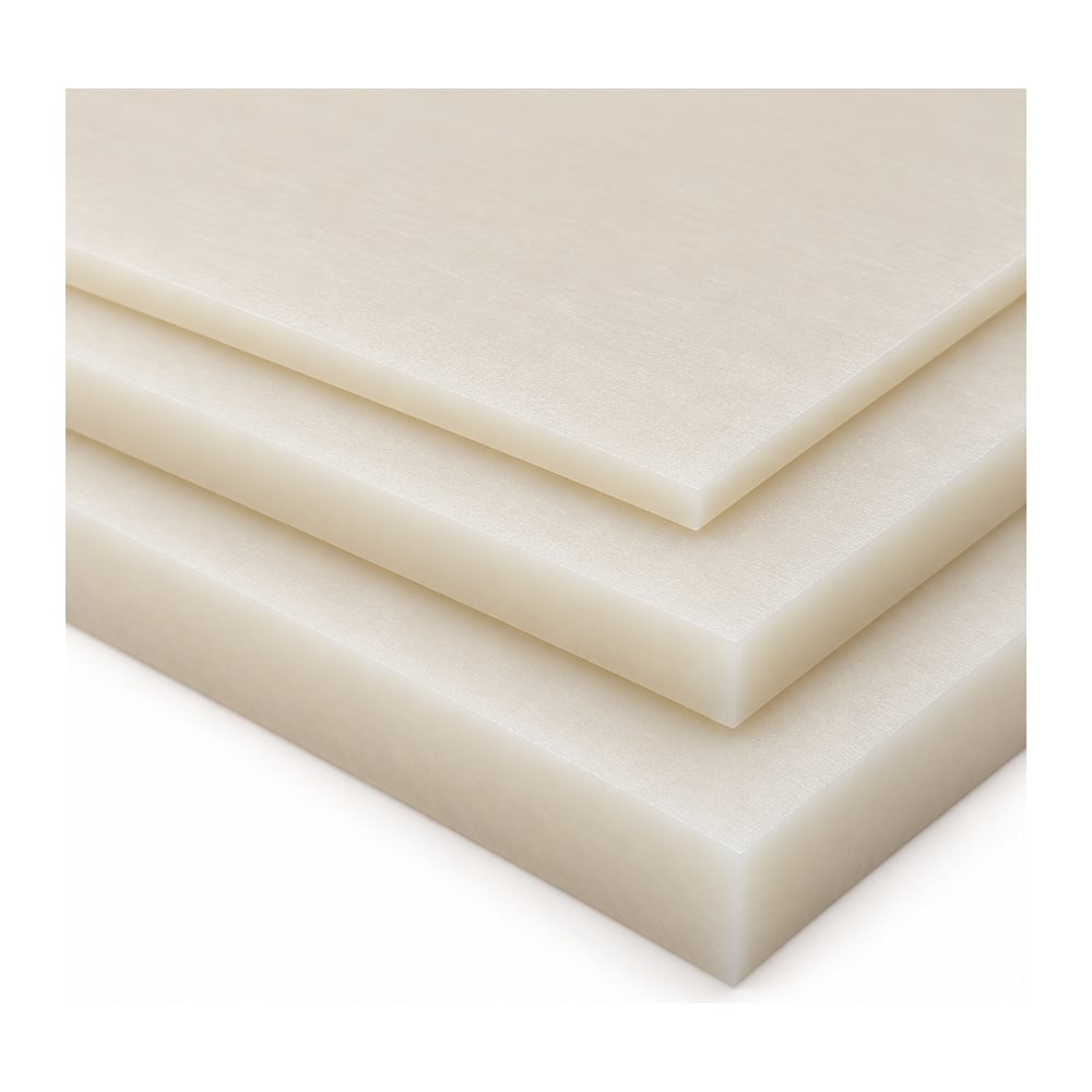 Natural white HDPE plastic sheets stacked in three thicknesses showing cut edges on white background
