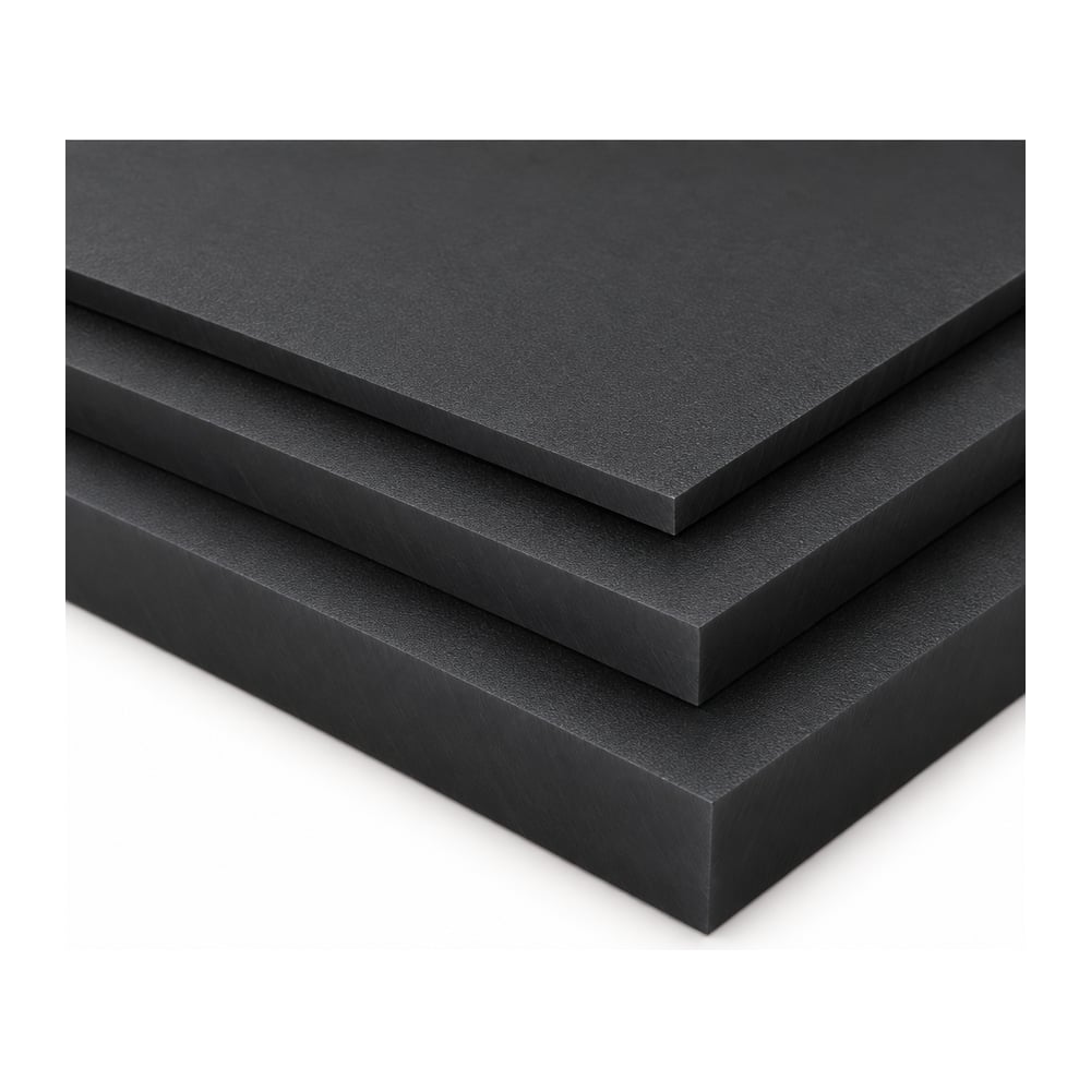 Black HDPE polyethylene sheets stacked in three thicknesses with matte cut edges on white background