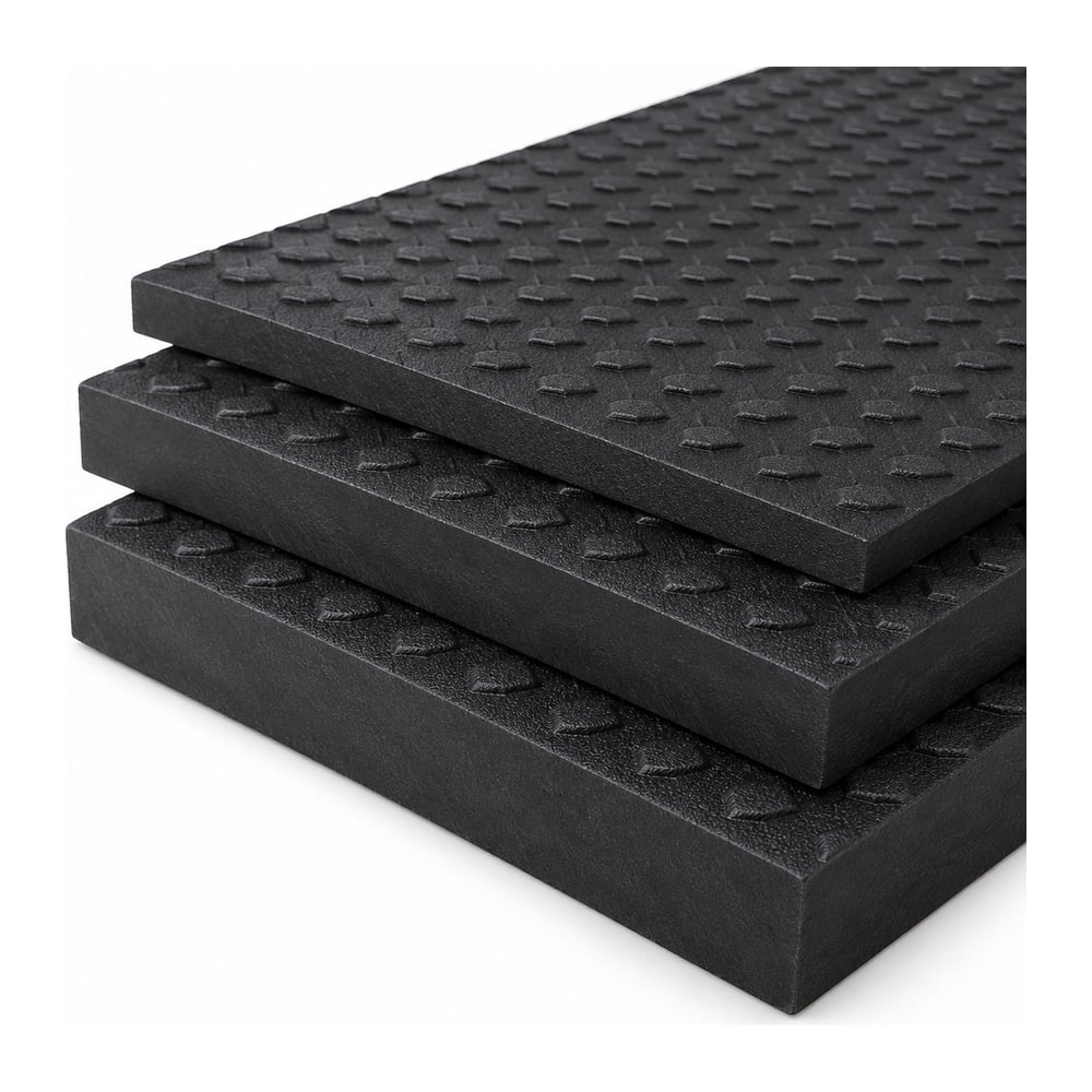 Black HDPE anti-skid textured sheets stacked in three thicknesses on a white background