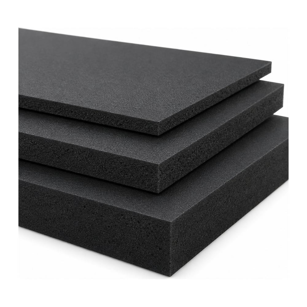 Black matte HDPE sheets stacked in three thicknesses showing cut edges on a white background