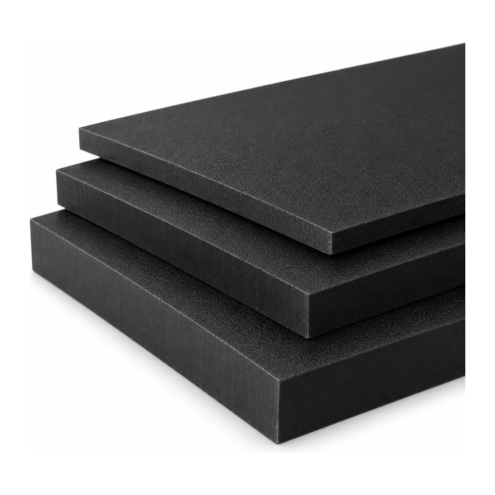 Black matte marine grade HDPE sheets stacked in three thicknesses showing cut edges on white